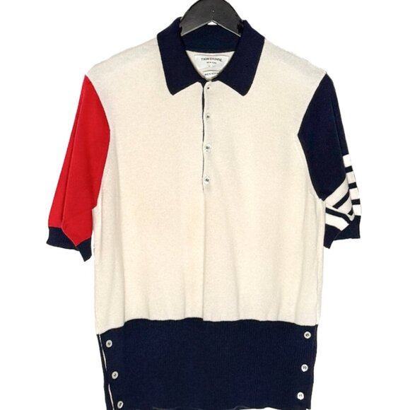 Thom Browne Ivory Colourblock Red Navy Cashmere Polo Shirt - Picture 1 of 8